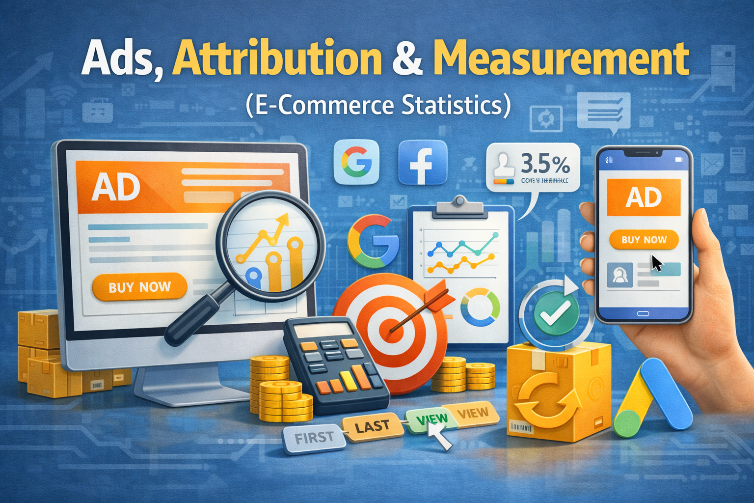 Ads attribution and measurement in e-commerce statistics with ad analytics campaign tracking and conversion reporting elements