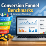 Conversion funnel benchmarks in e-commerce statistics with visitors add to cart checkout and purchase stages