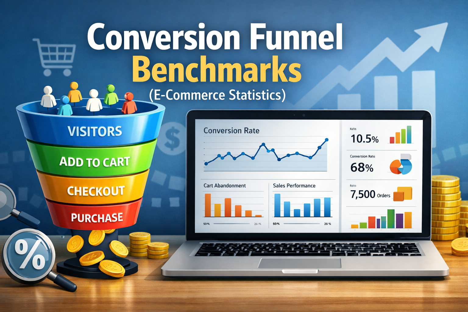 Conversion funnel benchmarks in e-commerce statistics with visitors add to cart checkout and purchase stages