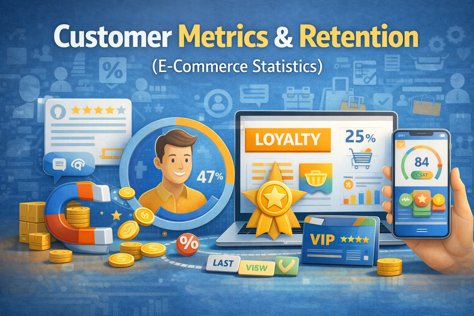Customer metrics and retention in e-commerce statistics with loyalty program repeat purchase and customer value elements
