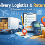 Delivery logistics and returns in e-commerce statistics with shipping truck parcel tracking and return process elements