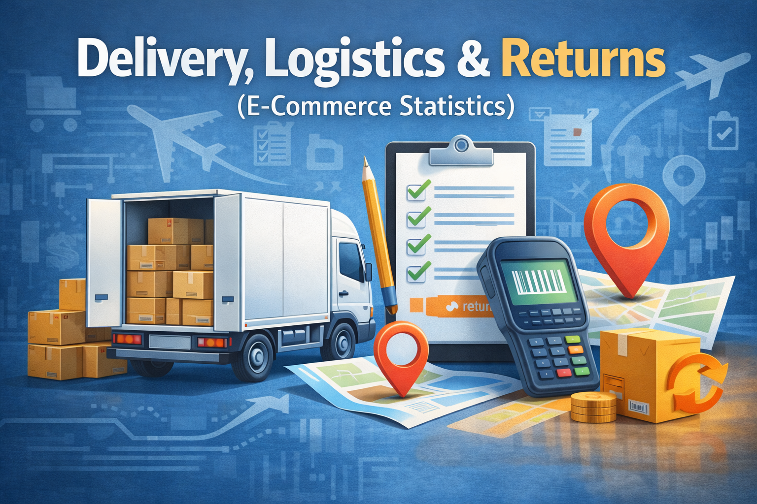 Delivery logistics and returns in e-commerce statistics with shipping truck parcel tracking and return process elements
