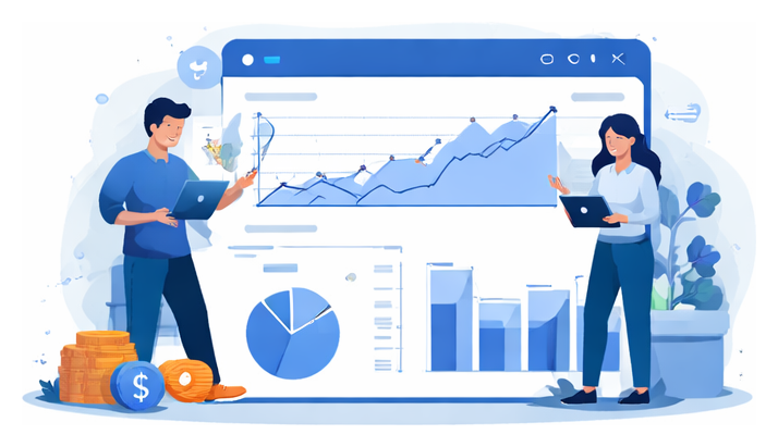 E-commerce statistics illustration with charts, reports and benchmark data