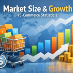Market size and growth in e-commerce statistics with shopping cart revenue chart and growth trend