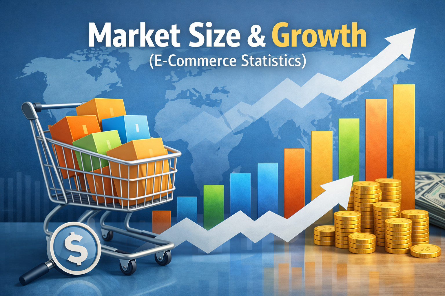 Market size and growth in e-commerce statistics with shopping cart revenue chart and growth trend