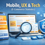 Mobile UX and tech in e-commerce statistics with smartphone online store interface and security elements