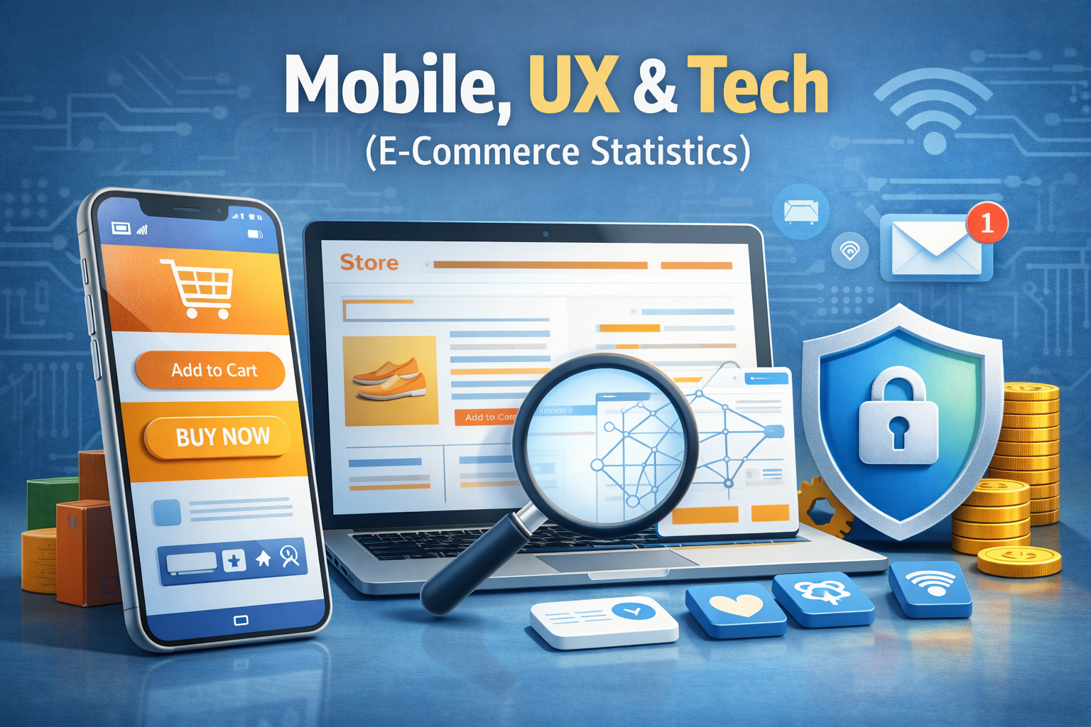 Mobile UX and tech in e-commerce statistics with smartphone online store interface and security elements