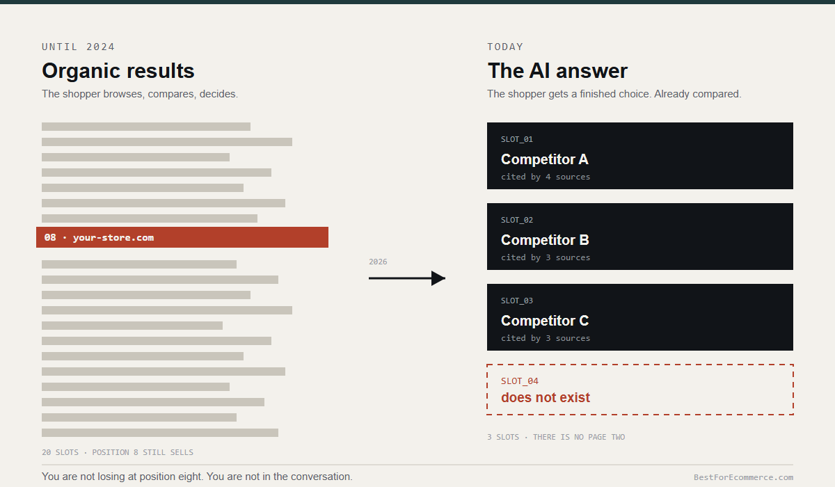 Comparison: twenty slots in organic search results versus three slots in an AI answer